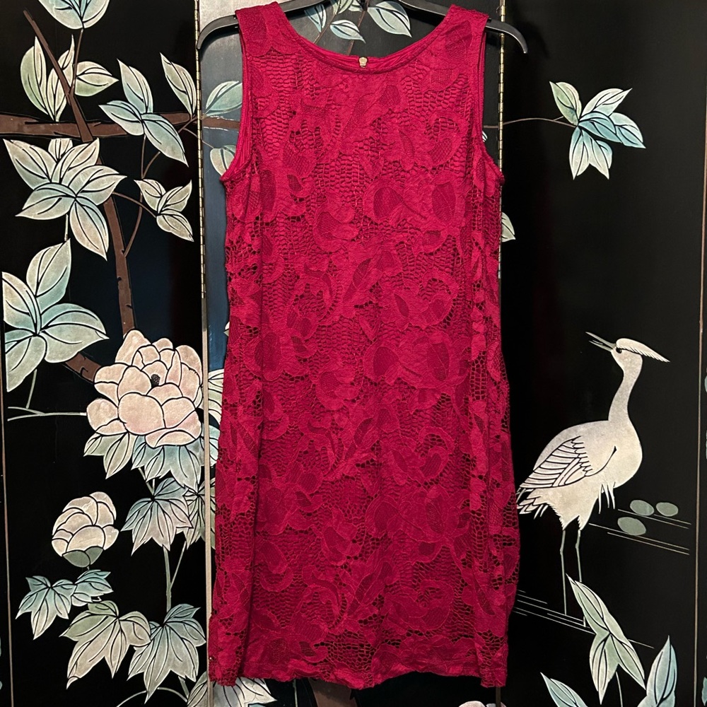 RN Studio Red Lace Dress Women Sz 14P Sleeveless Shift Gold Zipper Adult